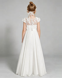 Ivory Flower Girl Dress 3D Floral Lace Sheer Chiffon A-Line Floor-Length Gown Back Full View
