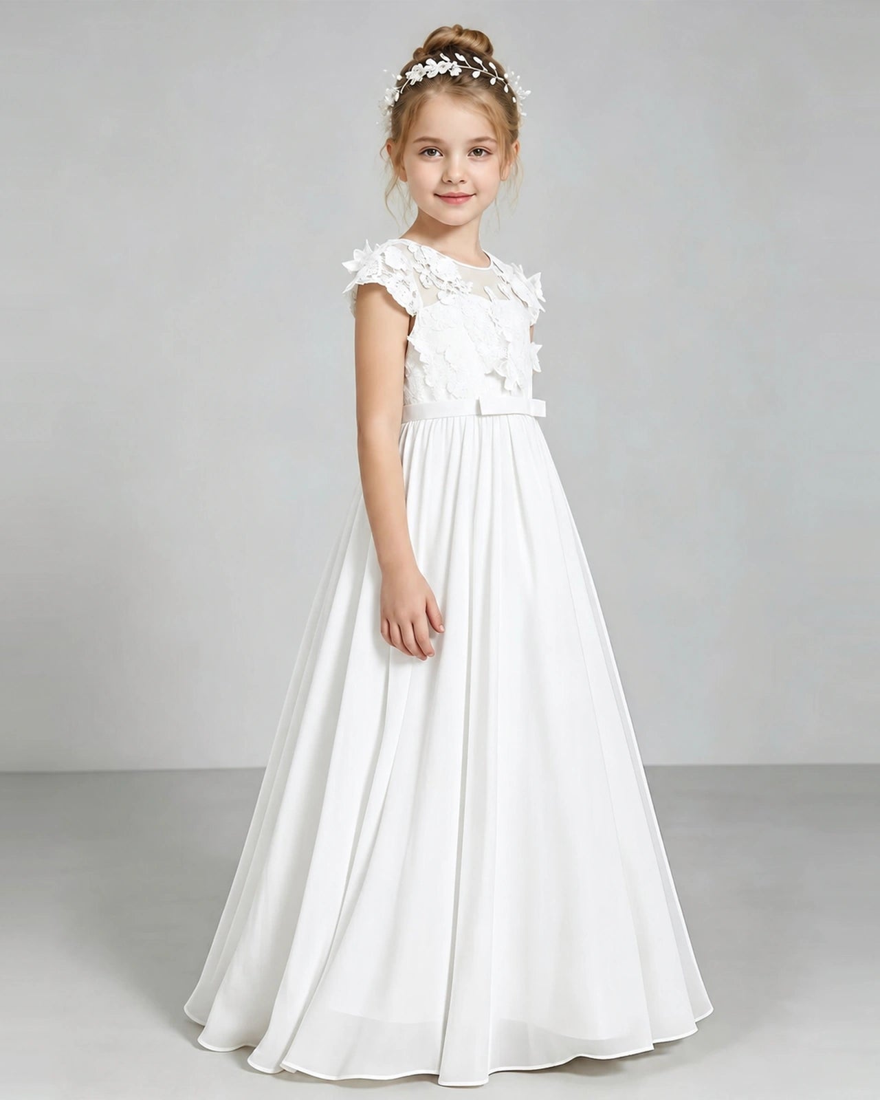 Ivory Flower Girl Dress 3D Floral Lace Sheer Chiffon A-Line Floor-Length Gown Side Full View