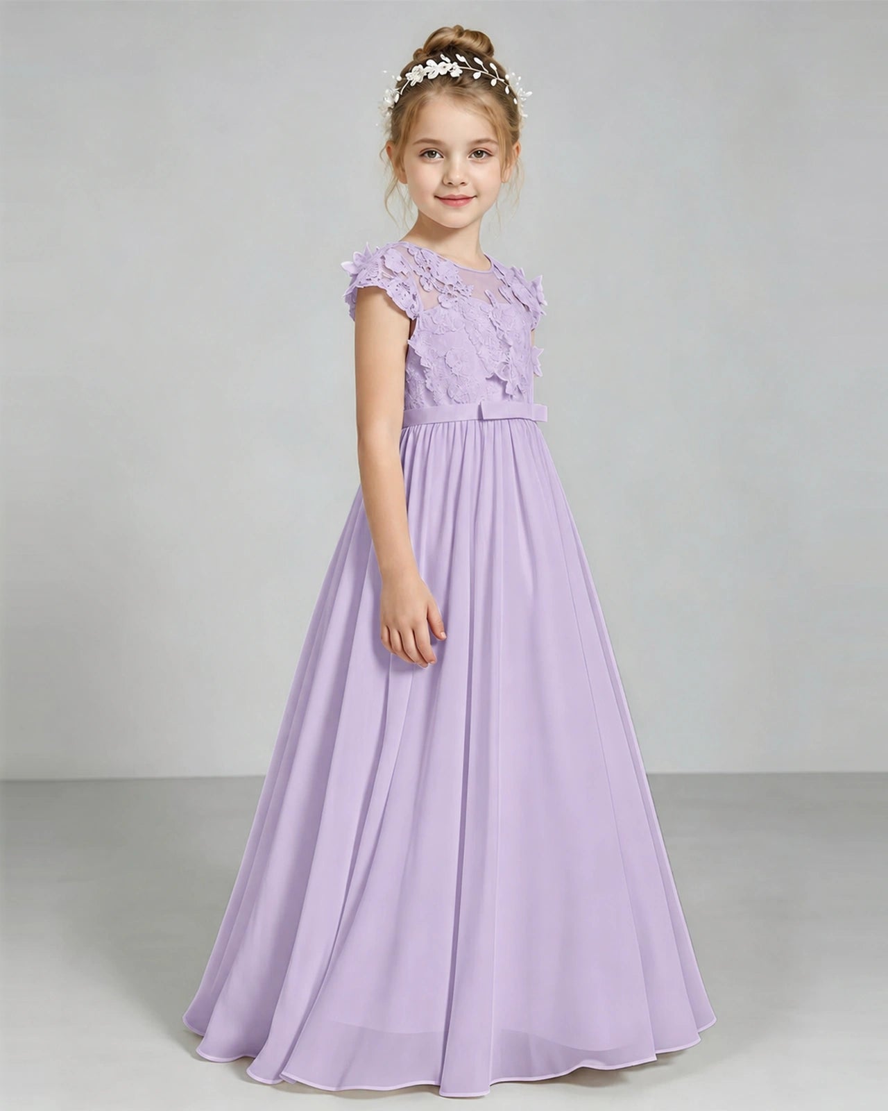 Lavender Flower Girl Dress 3D Floral Lace Sheer Chiffon A-Line Floor-Length Gown Side Full View