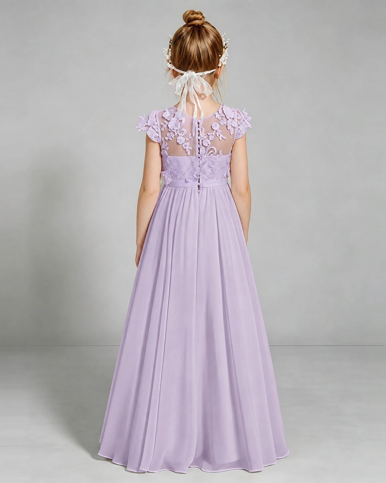 Lavender Flower Girl Dress 3D Floral Lace Sheer Chiffon A-Line Floor-Length Gown Back Full View