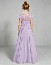 Lavender Flower Girl Dress 3D Floral Lace Sheer Chiffon A-Line Floor-Length Gown Back Full View