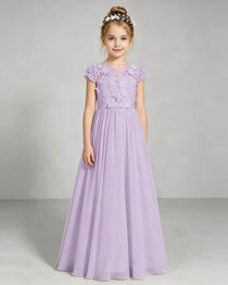 Lavender Flower Girl Dress 3D Floral Lace Sheer Chiffon A-Line Floor-Length Gown Front Full View
