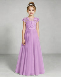 Lilac Flower Girl Dress 3D Floral Lace Sheer Chiffon A-Line Floor-Length Gown Front Full View