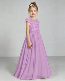Lilac Flower Girl Dress 3D Floral Lace Sheer Chiffon A-Line Floor-Length Gown Side Full View