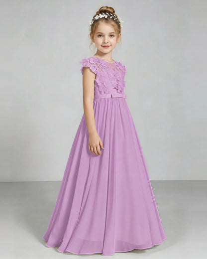 Lilac Flower Girl Dress 3D Floral Lace Sheer Chiffon A-Line Floor-Length Gown Side Full View