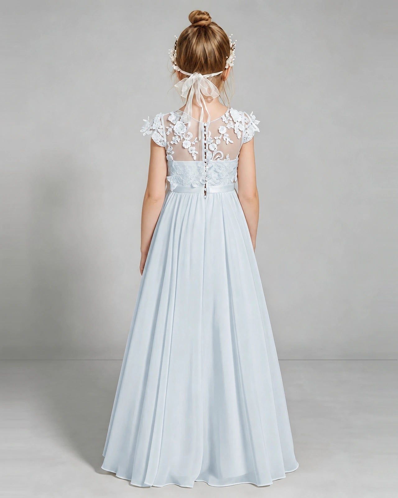 Mist Flower Girl Dress 3D Floral Lace Sheer Chiffon A-Line Floor-Length Gown Back Full View