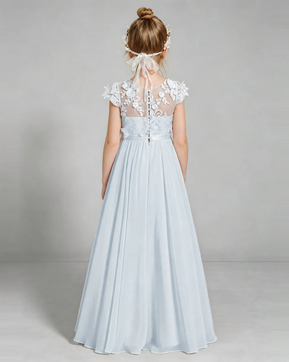 Mist Flower Girl Dress 3D Floral Lace Sheer Chiffon A-Line Floor-Length Gown Back Full View