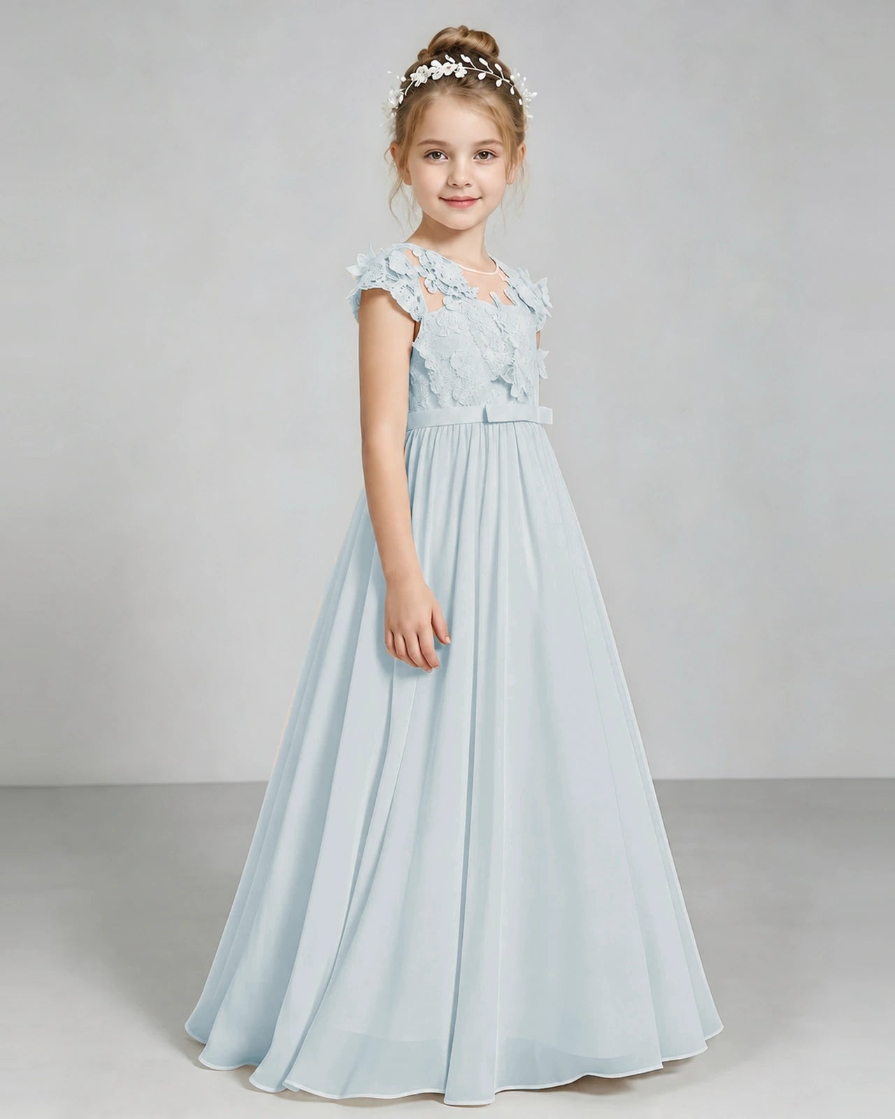 Mist Flower Girl Dress 3D Floral Lace Sheer Chiffon A-Line Floor-Length Gown Side Full View