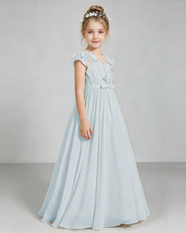 Mist Flower Girl Dress 3D Floral Lace Sheer Chiffon A-Line Floor-Length Gown Side Full View