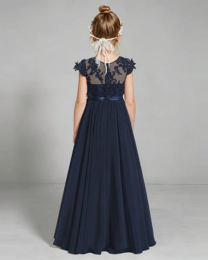 Navy Blue Flower Girl Dress 3D Floral Lace Sheer Chiffon A-Line Floor-Length Gown Back Full View