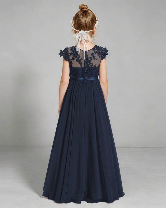 Navy Blue Chiffon A-line Junior Bridesmaid Dress Back View
