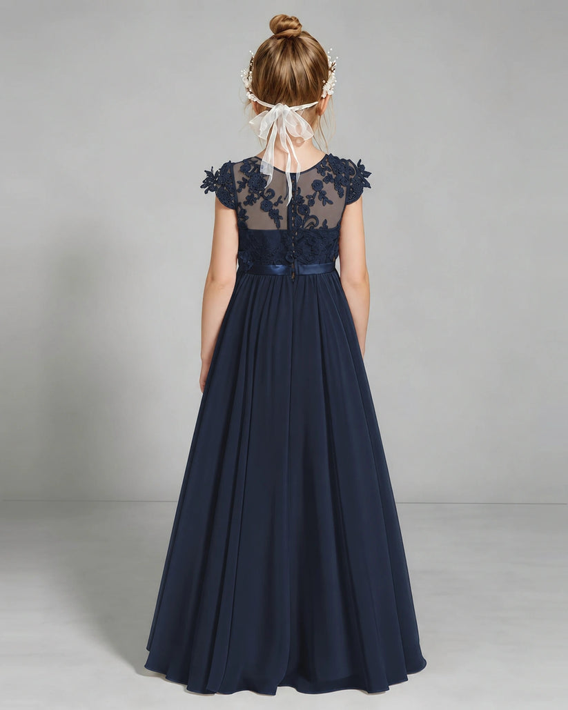 Navy Blue Chiffon A-line Junior Bridesmaid Dress Back View