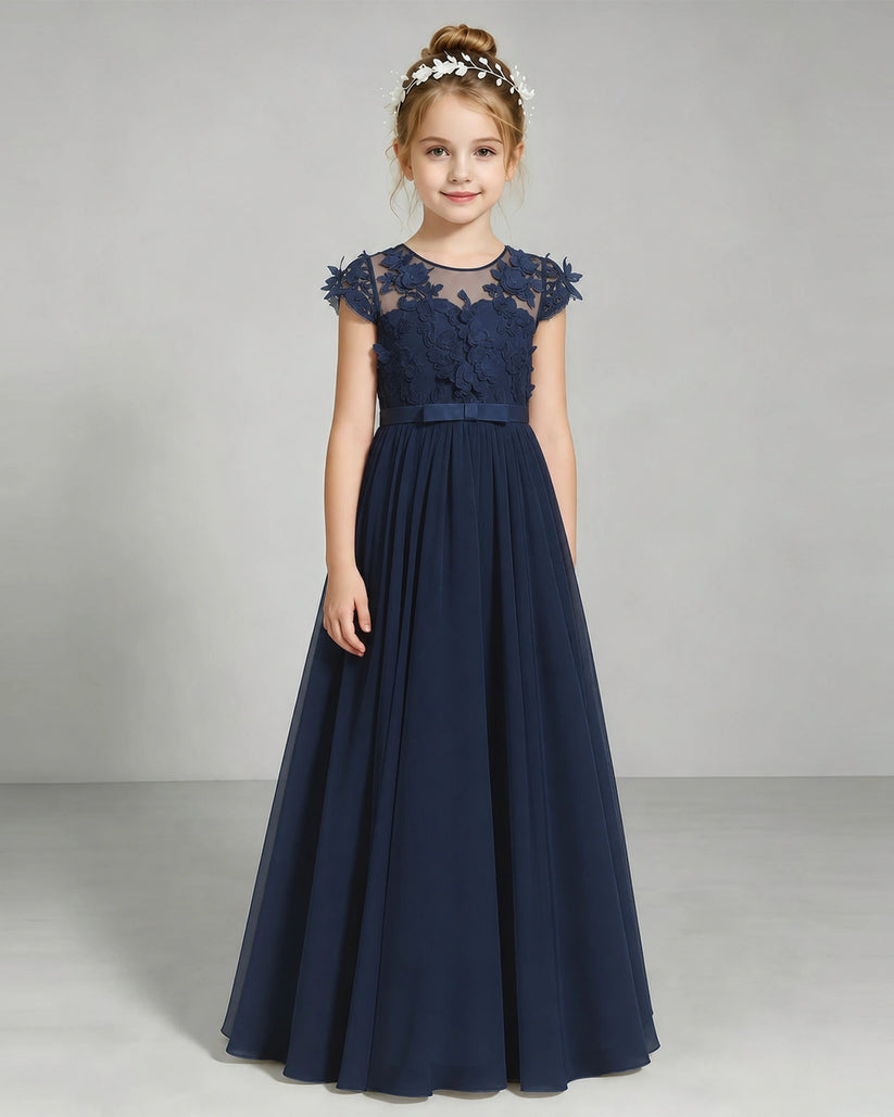 Navy Blue Chiffon A-line Junior Bridesmaid Dress Front View