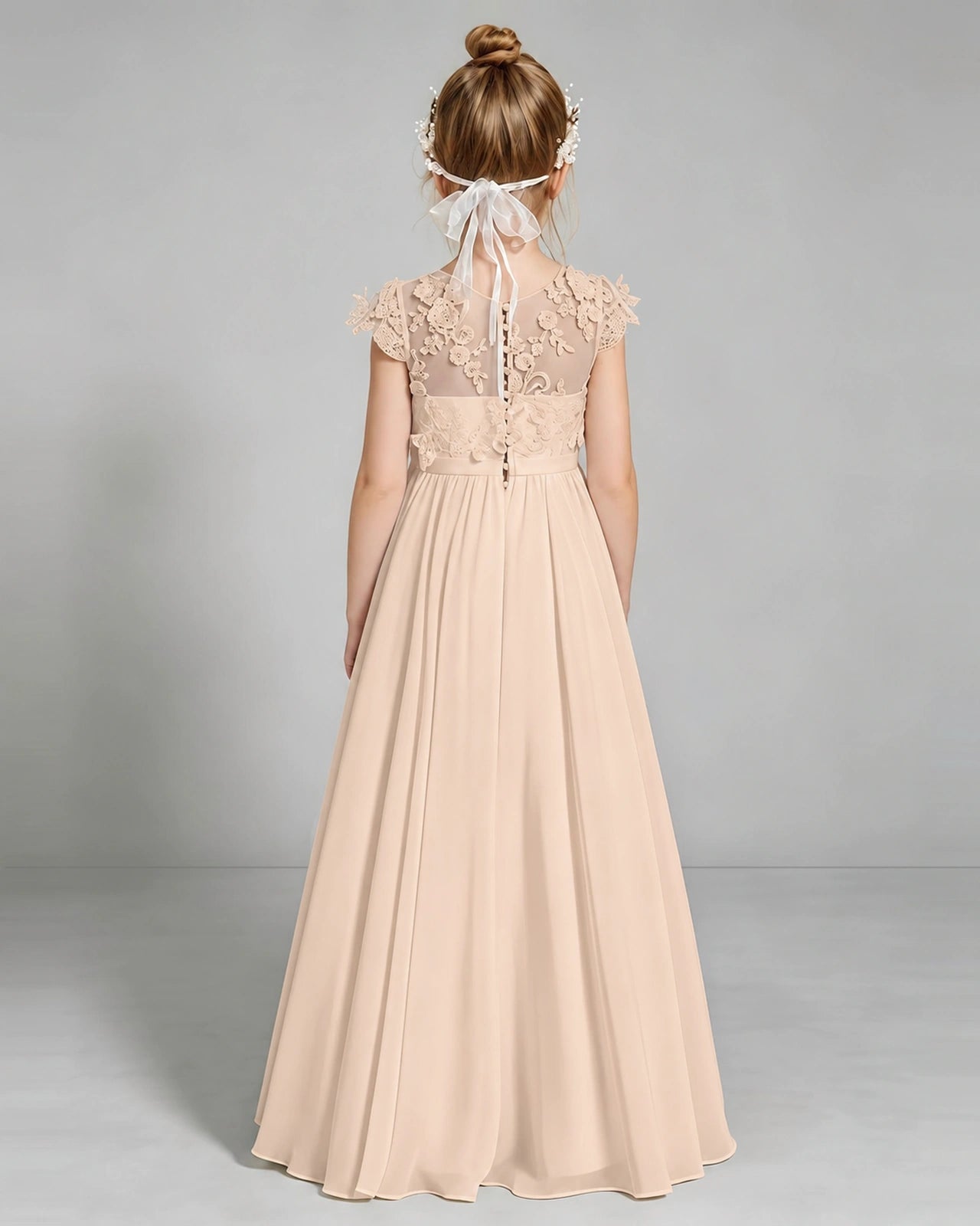 Peach Flower Girl Dress 3D Floral Lace Sheer Chiffon A-Line Floor-Length Gown Back Full View
