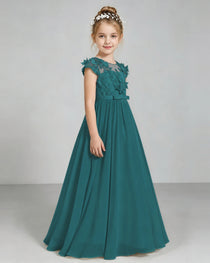 Peacock Flower Girl Dress 3D Floral Lace Sheer Chiffon A-Line Floor-Length Gown Side Full View