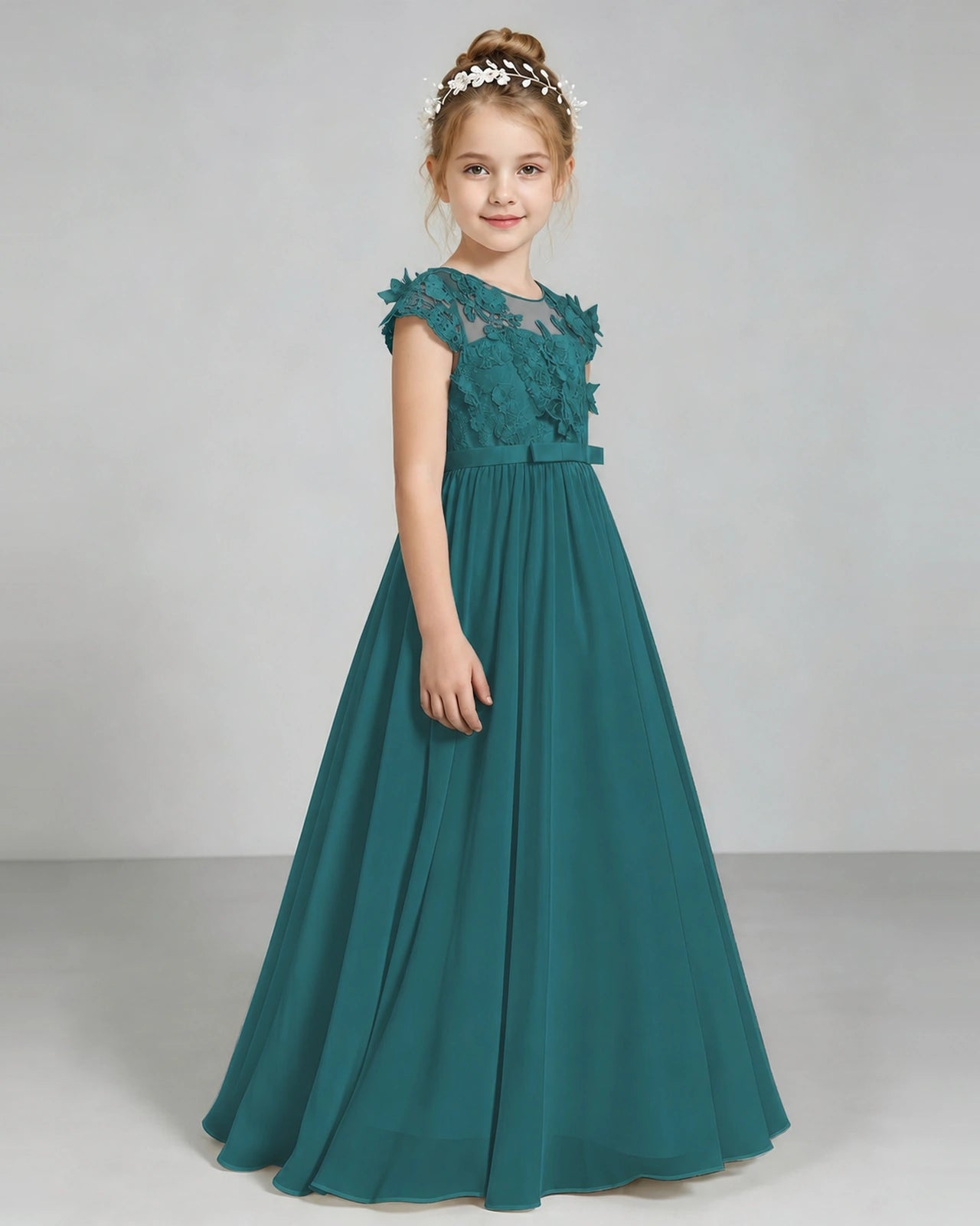Peacock Flower Girl Dress 3D Floral Lace Sheer Chiffon A-Line Floor-Length Gown Side Full View