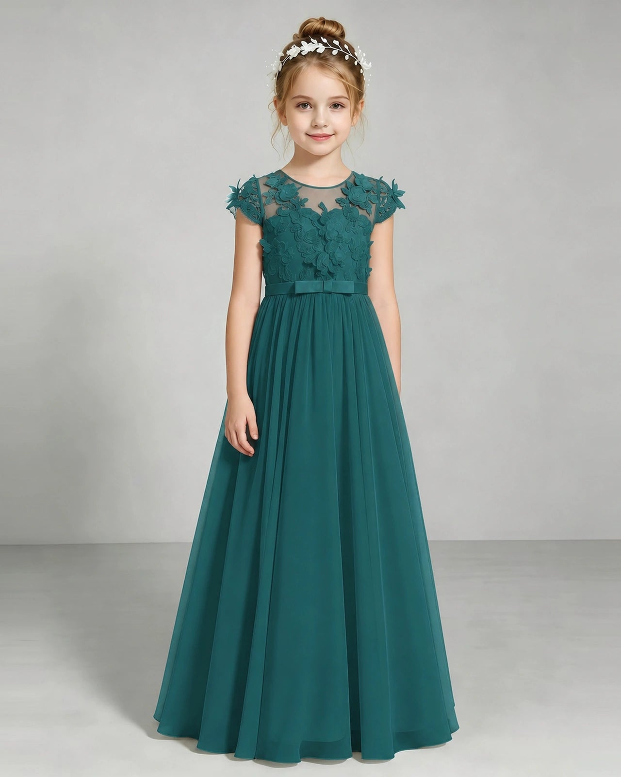 Peacock Flower Girl Dress 3D Floral Lace Sheer Chiffon A-Line Floor-Length Gown Front Full View