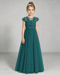 Peacock Flower Girl Dress 3D Floral Lace Sheer Chiffon A-Line Floor-Length Gown Front Full View