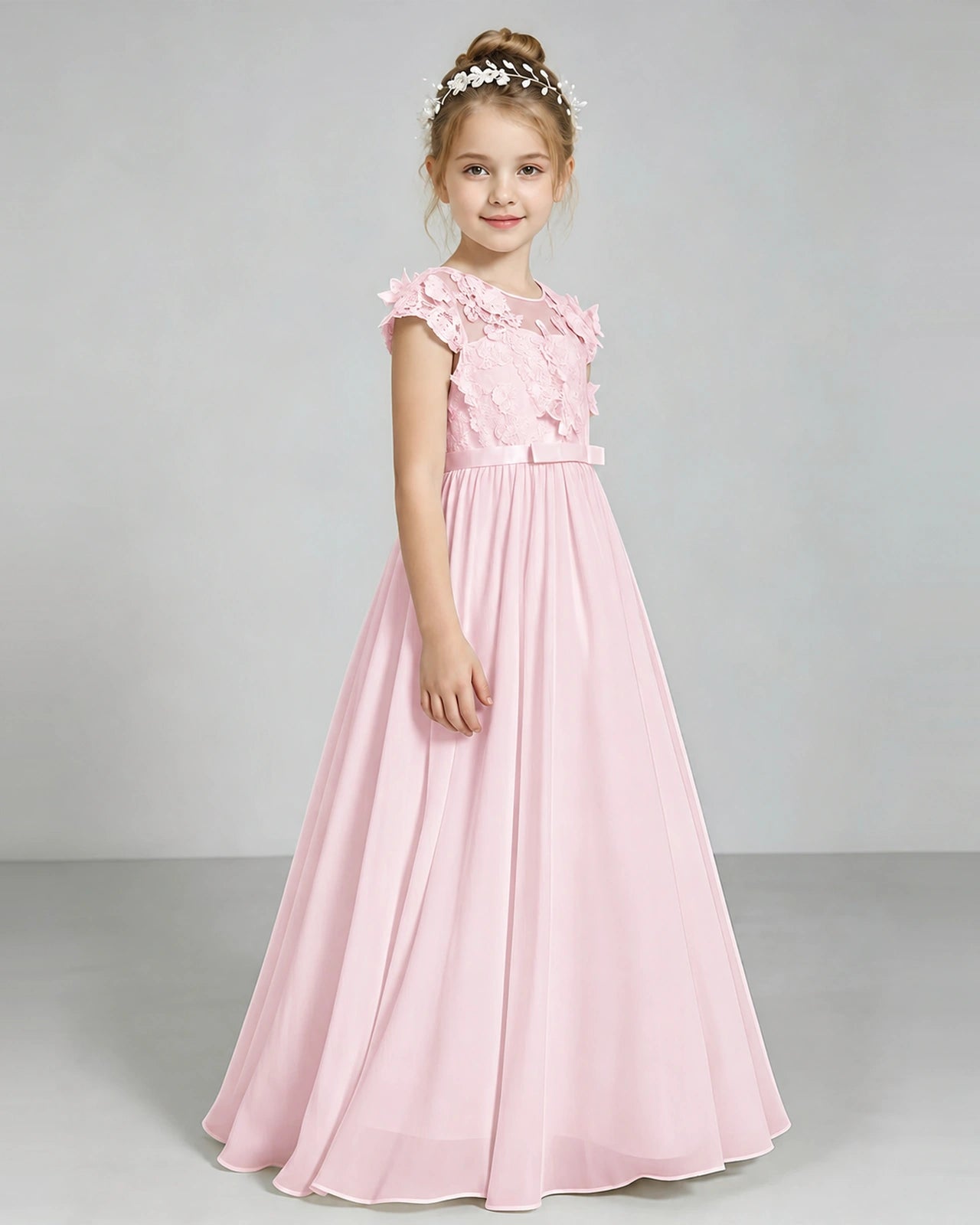 Pink Flower Girl Dress 3D Floral Lace Sheer Chiffon A-Line Floor-Length Gown Side Full View