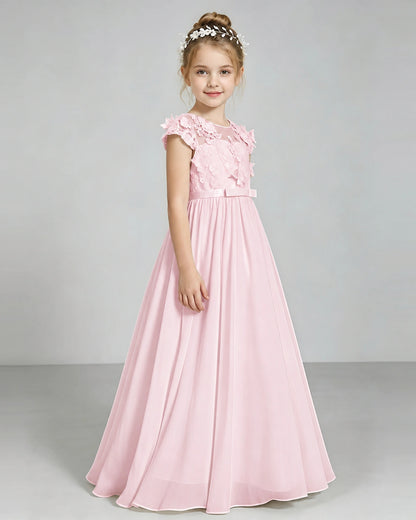 Pink Flower Girl Dress 3D Floral Lace Sheer Chiffon A-Line Floor-Length Gown Side Full View