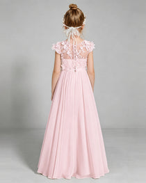 Pink Flower Girl Dress 3D Floral Lace Sheer Chiffon A-Line Floor-Length Gown Back Full View