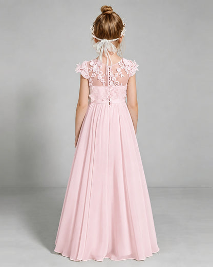 Pink Flower Girl Dress 3D Floral Lace Sheer Chiffon A-Line Floor-Length Gown Back Full View