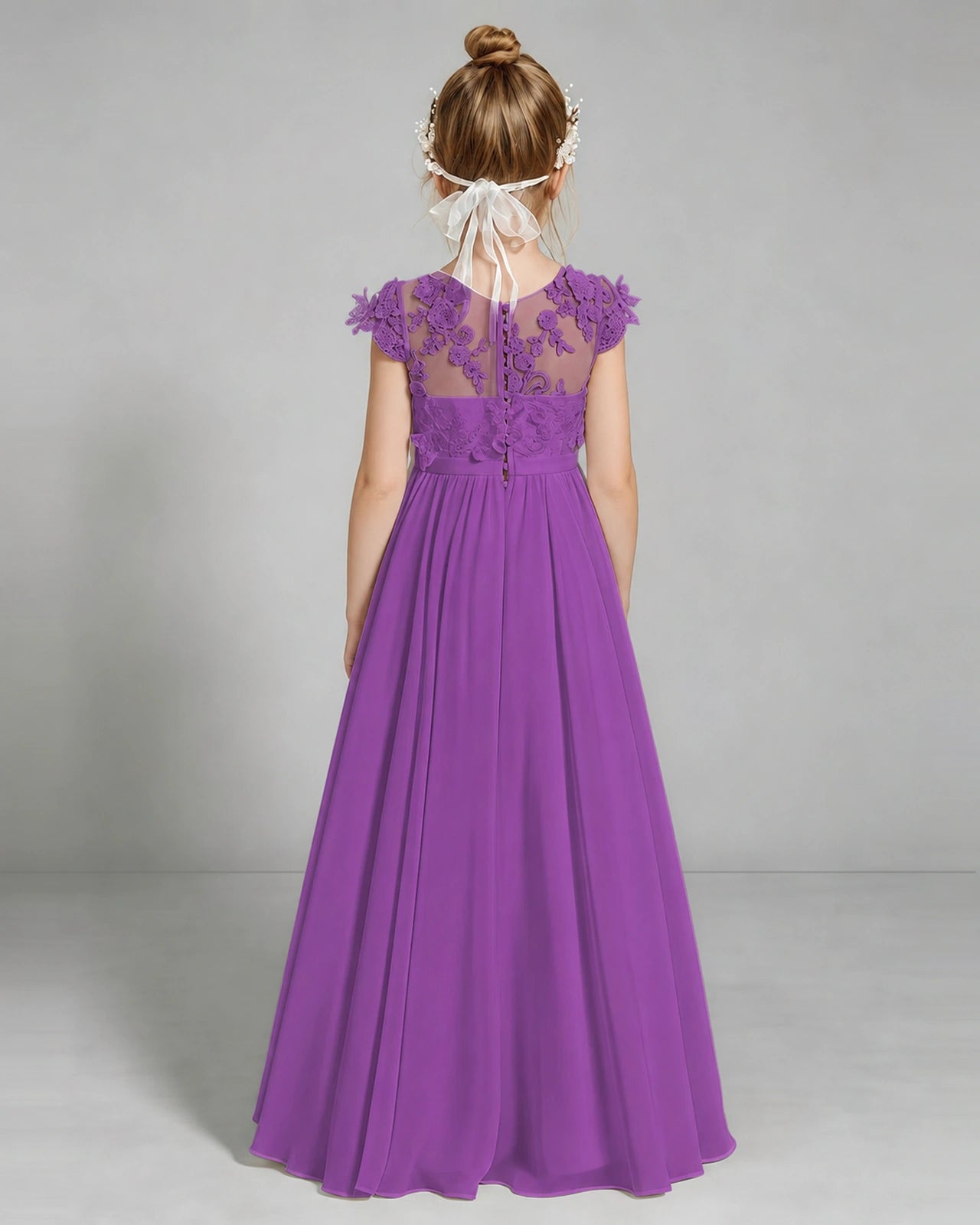 Purple Flower Girl Dress 3D Floral Lace Sheer Chiffon A-Line Floor-Length Gown Back Full View