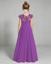 Purple Flower Girl Dress 3D Floral Lace Sheer Chiffon A-Line Floor-Length Gown Back Full View