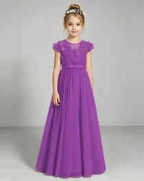 Purple Flower Girl Dress 3D Floral Lace Sheer Chiffon A-Line Floor-Length Gown Front Full View