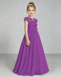 Purple Flower Girl Dress 3D Floral Lace Sheer Chiffon A-Line Floor-Length Gown Side Full View