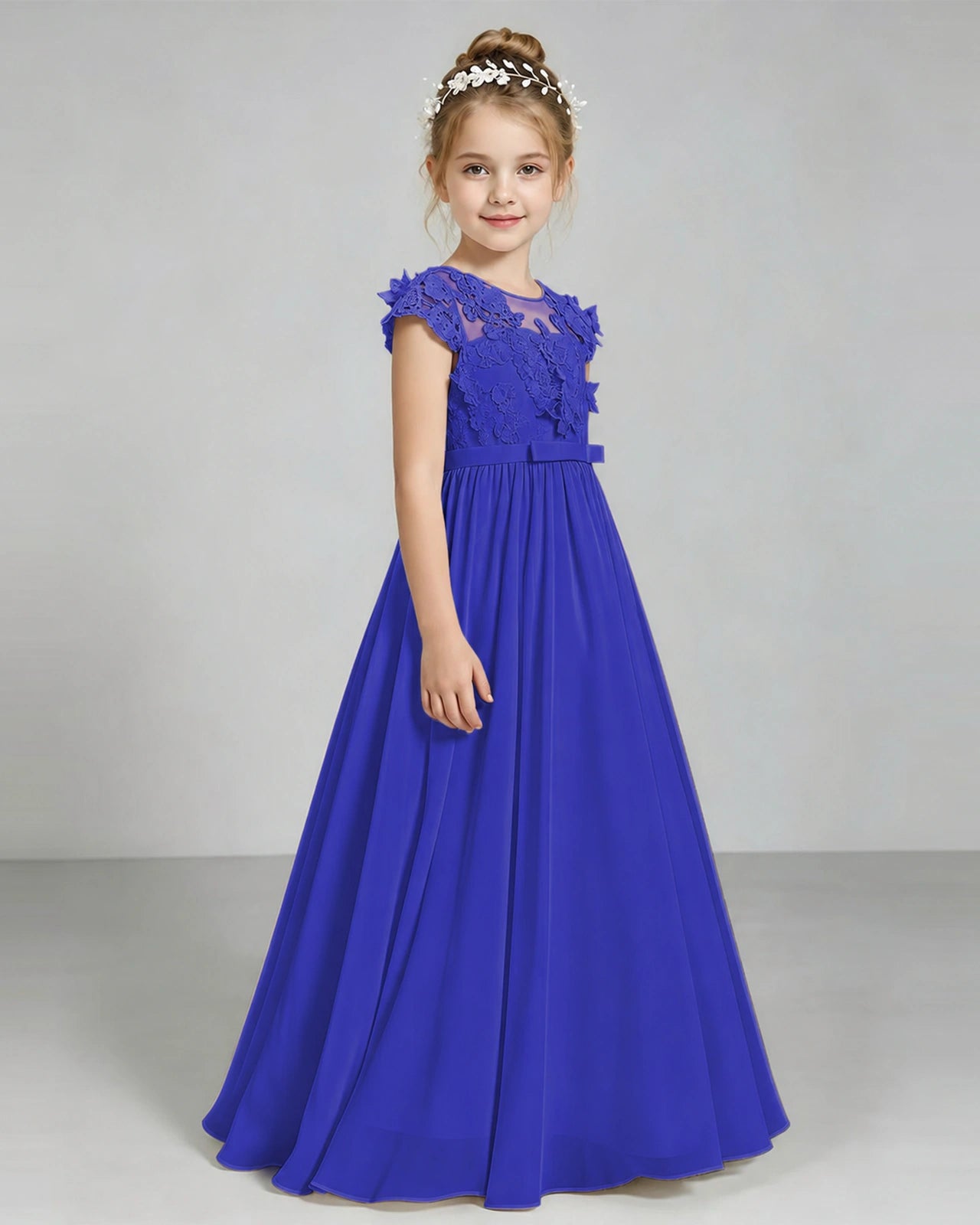 Royal Blue Flower Girl Dress 3D Floral Lace Sheer Chiffon A-Line Floor-Length Gown Side Full View