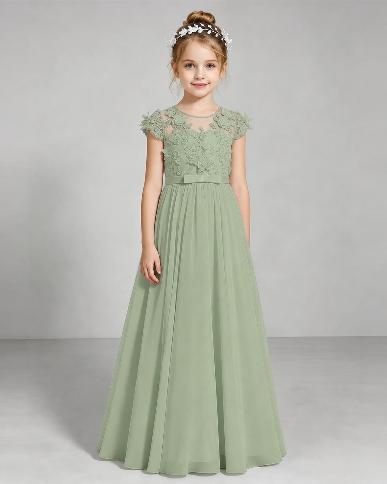 Sage Green Flower Girl Dress 3D Floral Lace Sheer Chiffon A-Line Floor-Length Gown Front Full View