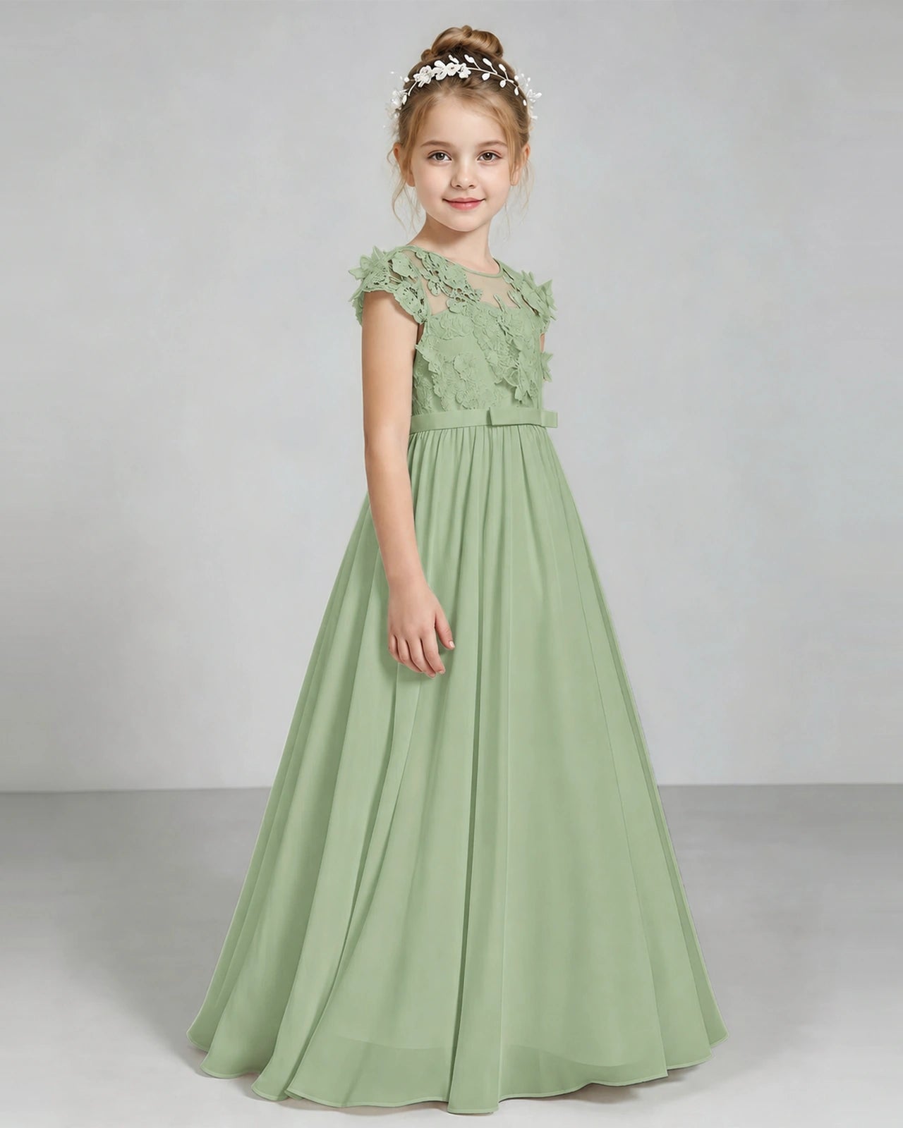 Sage Green Flower Girl Dress 3D Floral Lace Sheer Chiffon A-Line Floor-Length Gown Side Full View