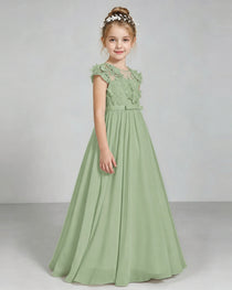 Sage Green Flower Girl Dress 3D Floral Lace Sheer Chiffon A-Line Floor-Length Gown Side Full View
