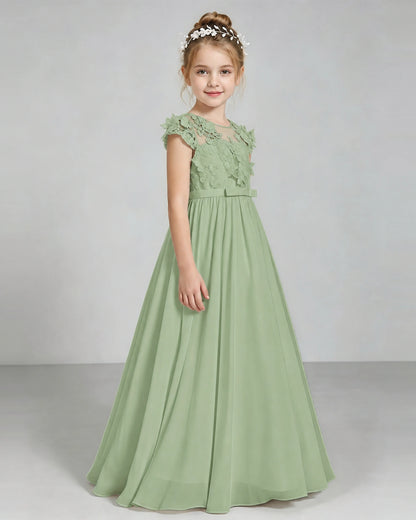 Sage Green Flower Girl Dress 3D Floral Lace Sheer Chiffon A-Line Floor-Length Gown Side Full View