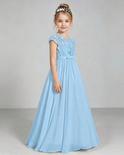 Sky Blue Flower Girl Dress 3D Floral Lace Sheer Chiffon A-Line Floor-Length Gown Side Full View