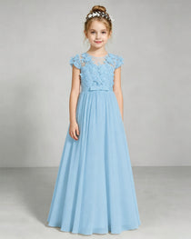 Sky Blue Flower Girl Dress 3D Floral Lace Sheer Chiffon A-Line Floor-Length Gown Front Full View