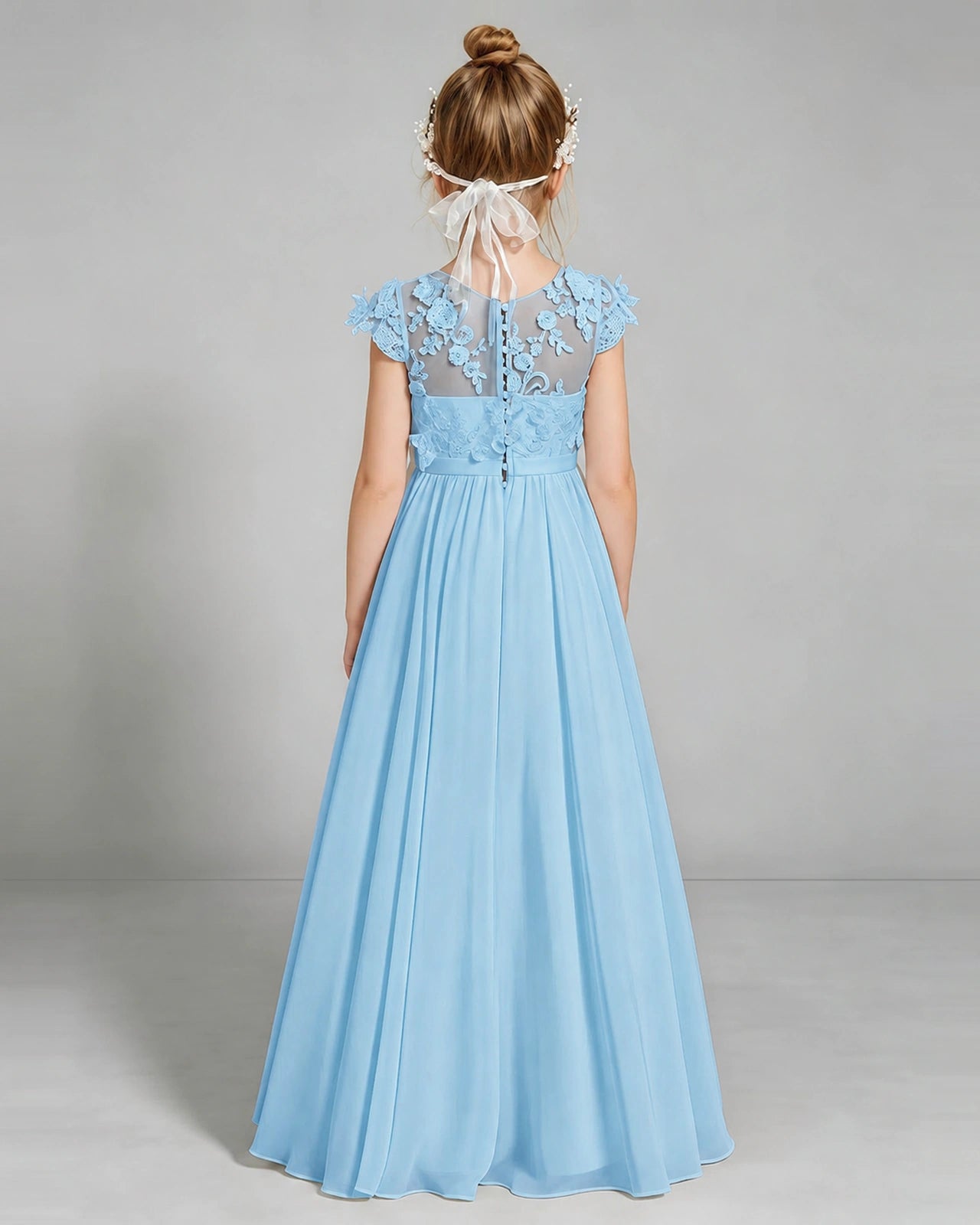 Sky Blue Flower Girl Dress 3D Floral Lace Sheer Chiffon A-Line Floor-Length Gown Back Full View