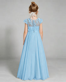 Sky Blue Flower Girl Dress 3D Floral Lace Sheer Chiffon A-Line Floor-Length Gown Back Full View