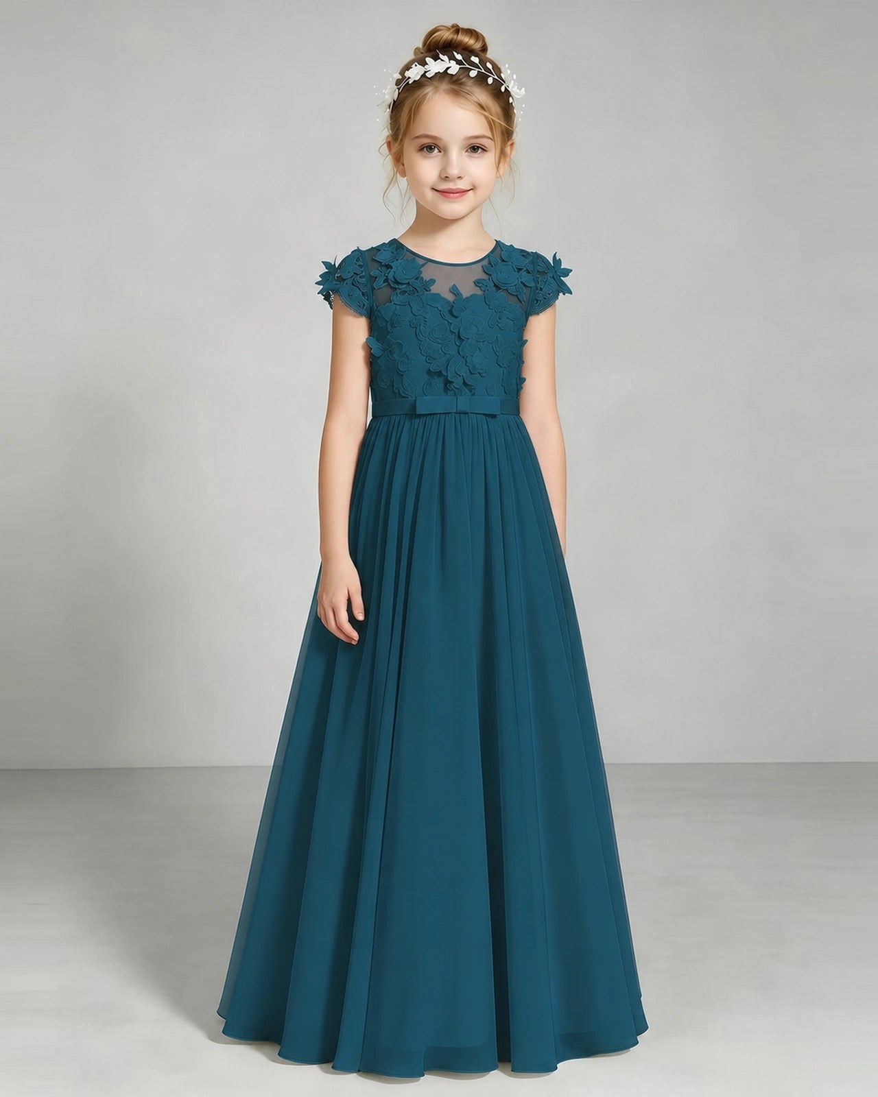 Teal Flower Girl Dress 3D Floral Lace Sheer Chiffon A-Line Floor-Length Gown Front Full View