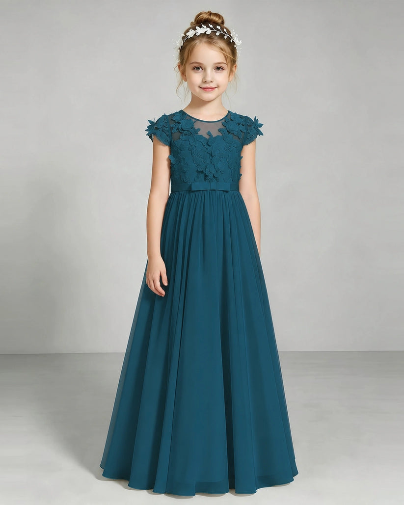 Teal Chiffon A-line Junior Bridesmaid Dress Front View