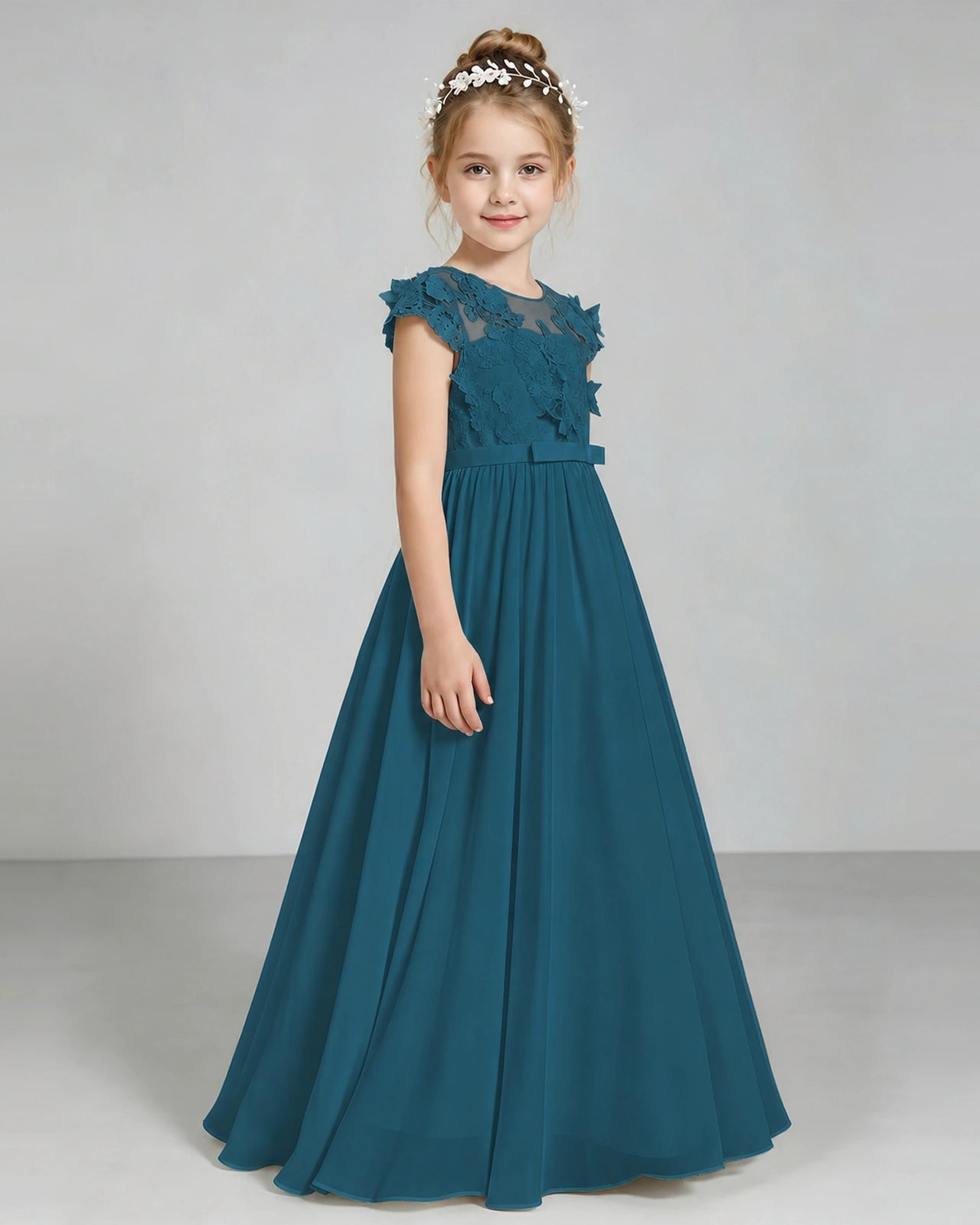 Teal Flower Girl Dress 3D Floral Lace Sheer Chiffon A-Line Floor-Length Gown Side Full View