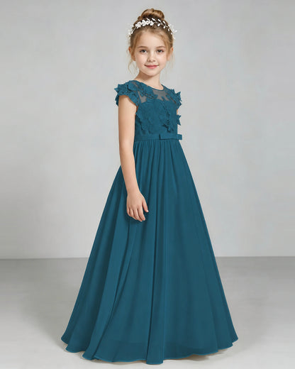 Teal Flower Girl Dress 3D Floral Lace Sheer Chiffon A-Line Floor-Length Gown Side Full View