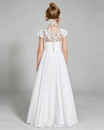 White Flower Girl Dress 3D Floral Lace Sheer Chiffon A-Line Floor-Length Gown Back Full View