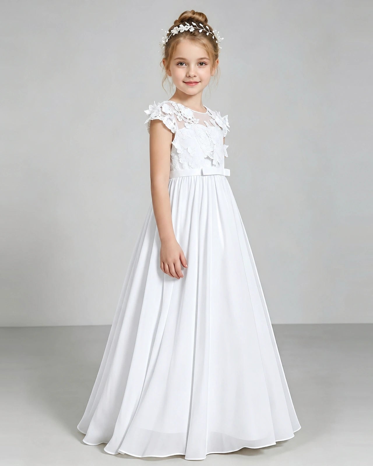 White Flower Girl Dress 3D Floral Lace Sheer Chiffon A-Line Floor-Length Gown Side Full View