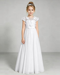 White Flower Girl Dress 3D Floral Lace Sheer Chiffon A-Line Floor-Length Gown Front Full View