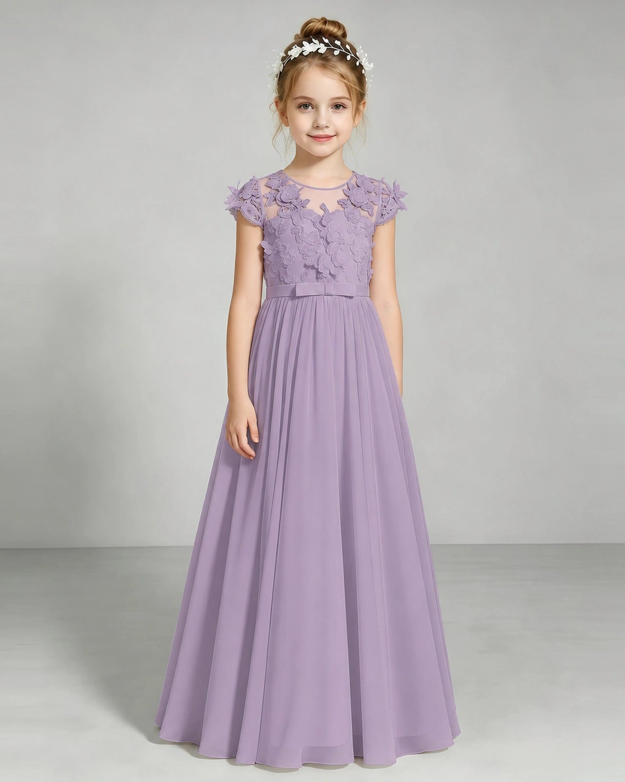 Wisteria Flower Girl Dress 3D Floral Lace Sheer Chiffon A-Line Floor-Length Gown Front Full View