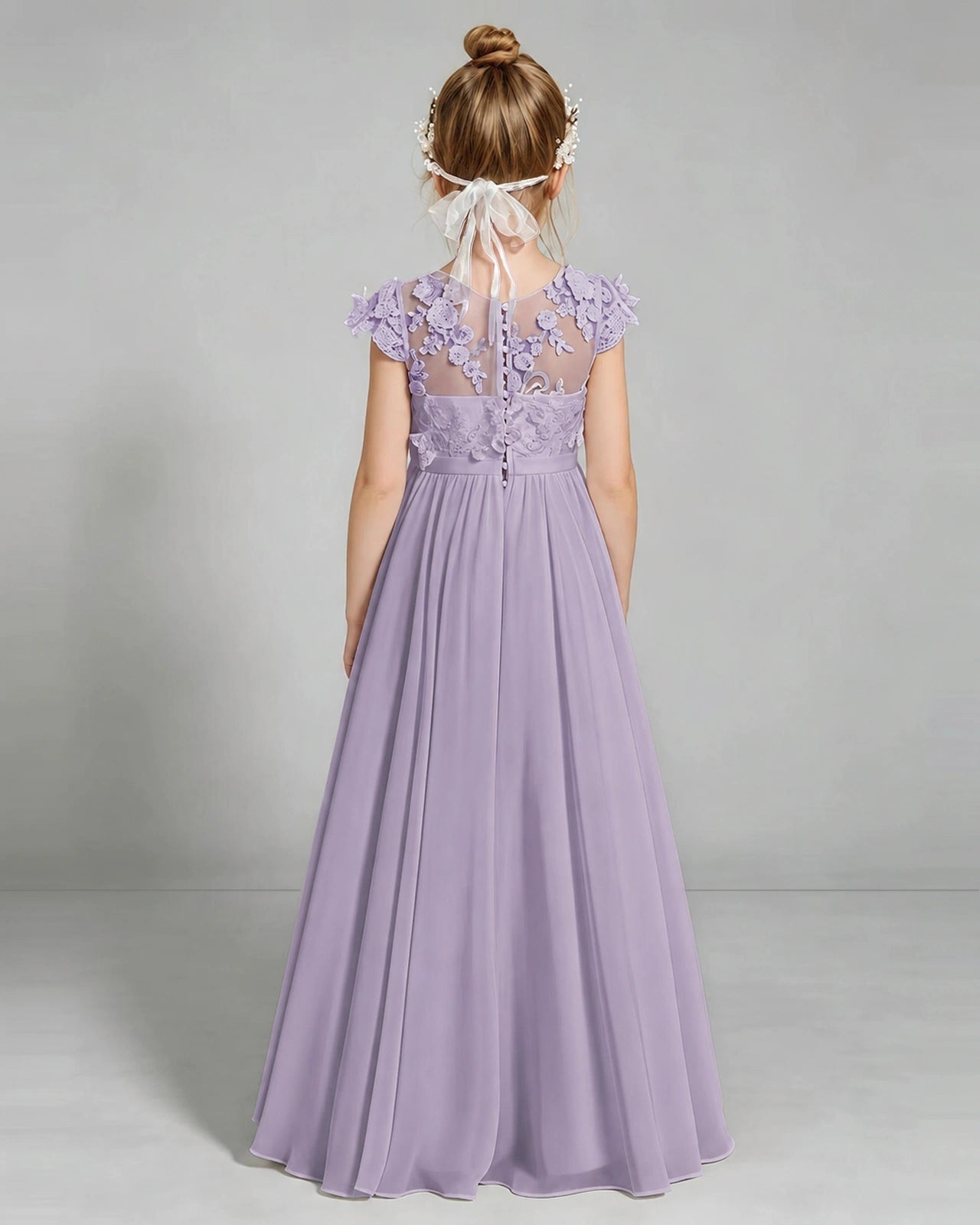 Wisteria Flower Girl Dress 3D Floral Lace Sheer Chiffon A-Line Floor-Length Gown Back Full View