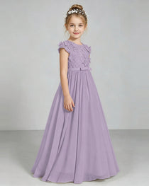 Wisteria Flower Girl Dress 3D Floral Lace Sheer Chiffon A-Line Floor-Length Gown Side Full View