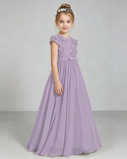 Wisteria Flower Girl Dress 3D Floral Lace Sheer Chiffon A-Line Floor-Length Gown Side Full View